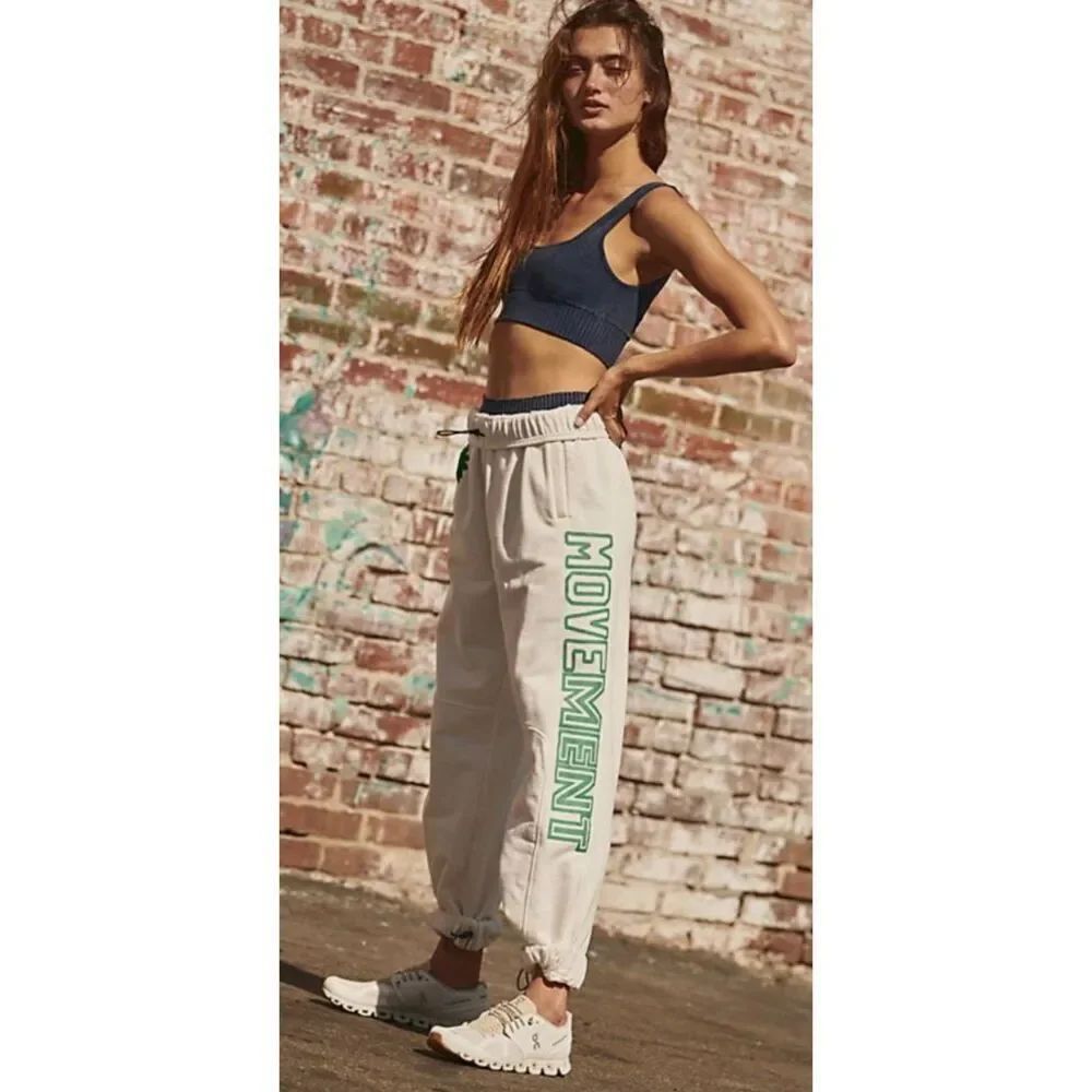 Free People Movement Post Up Graphic White JOGGERS SWEATPANTS sz M